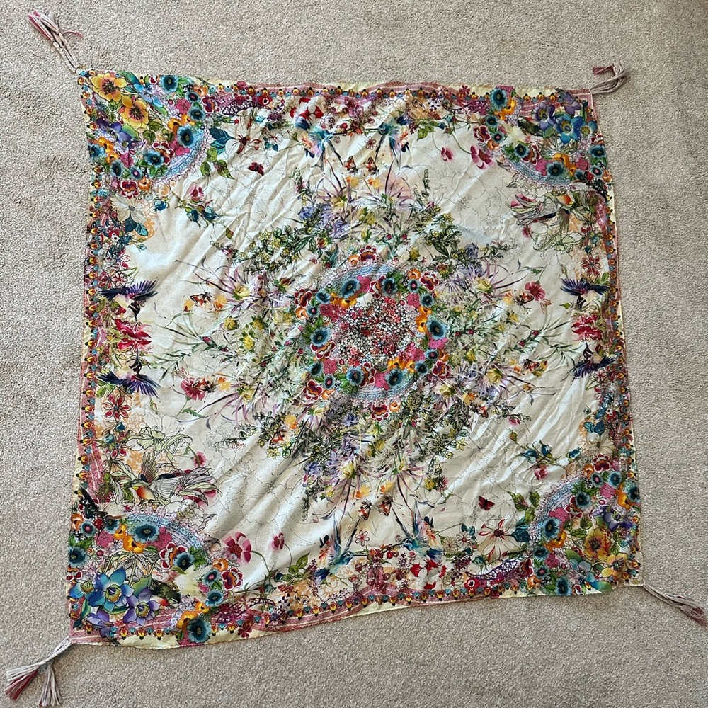 🌼 Johnny Was 100% Silk Scarf – Vibrant Floral Garden Print with Tassels! 🌿